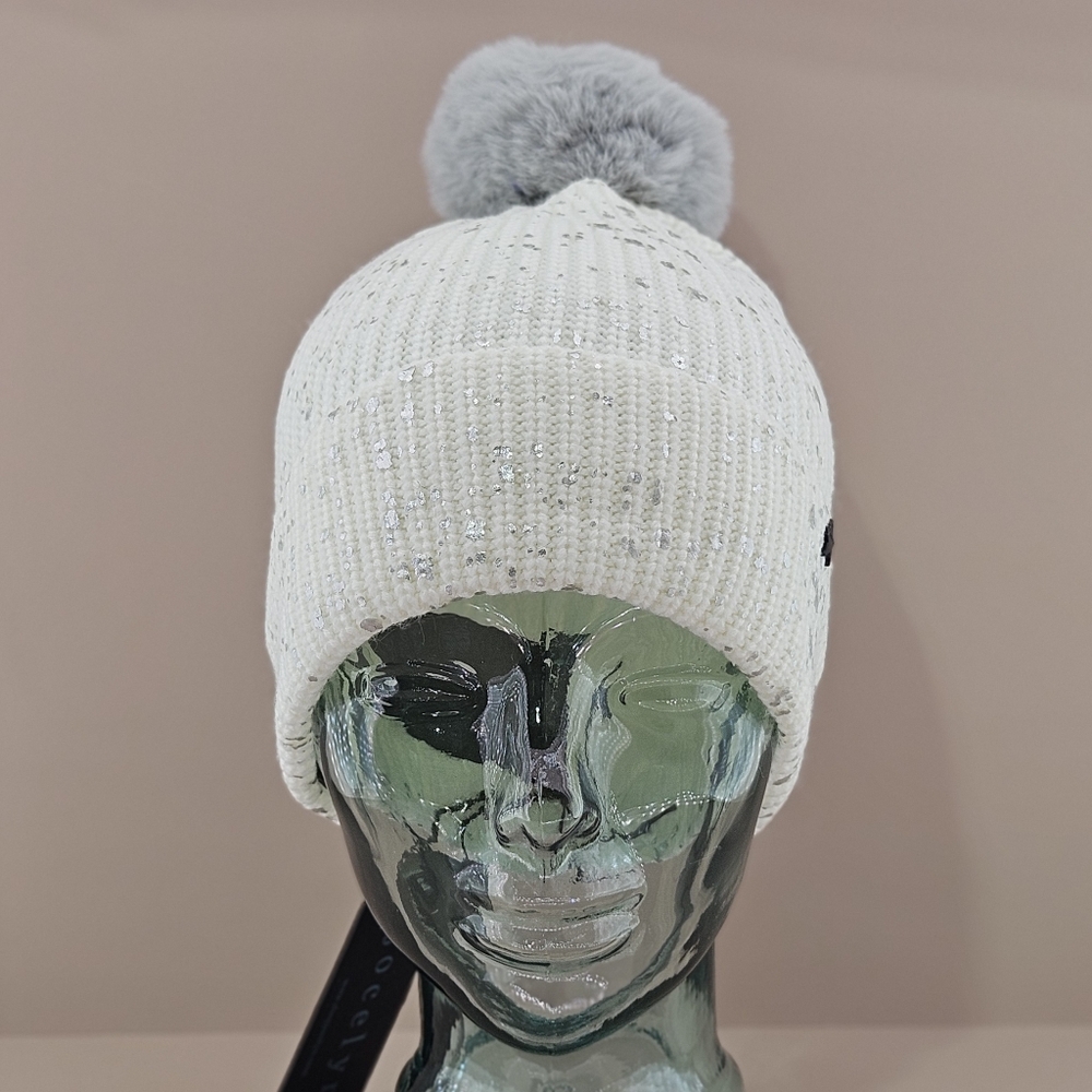 Jocelyn Hat Beanie Ivory Splatter Paint Faux Fur Pompom Cottagecore Winter Gift